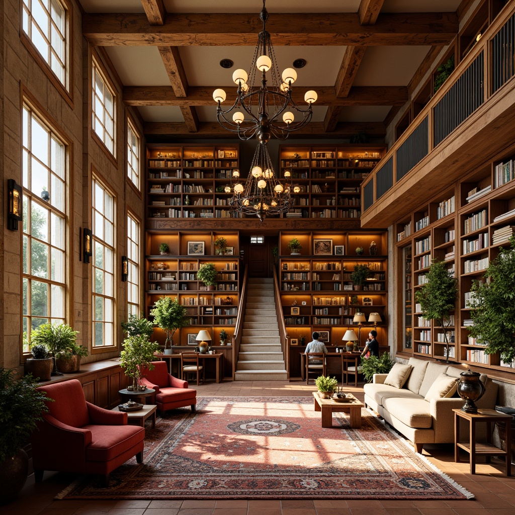 Prompt: Rich wooden bookshelves, warm golden lighting, cozy reading nooks, plush velvet armchairs, vintage leather-bound books, intricate rug patterns, earthy terracotta floors, soft cream-colored walls, ornate metal lanterns, lush greenery, natural stone columns, grand staircase, elegant chandeliers, warm beige carpets, classic wooden desks, comfortable cushioned sofas, rustic wooden tables, subtle texture overlays, realistic ambient occlusion, shallow depth of field, 3/4 composition, panoramic view.