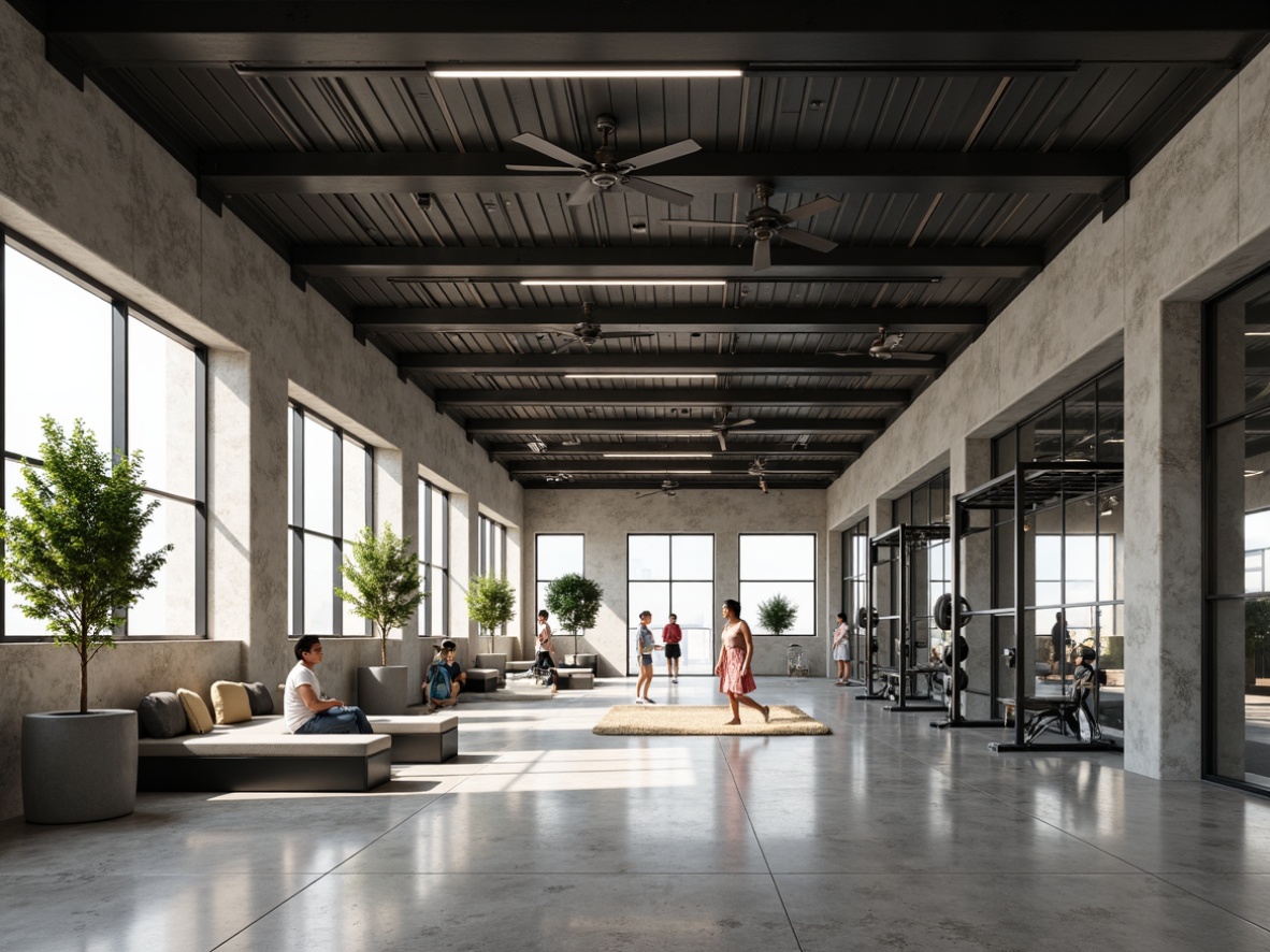 Prompt: Minimalist gymnasium interior, industrial metal beams, polished concrete floors, mirrored walls, modern LED lighting, sleek fitness equipment, free weights, exercise machines, yoga mats, minimalist seating areas, natural stone accents, green plants, abundant natural light, 1/1 composition, softbox lighting, realistic textures, ambient occlusion.