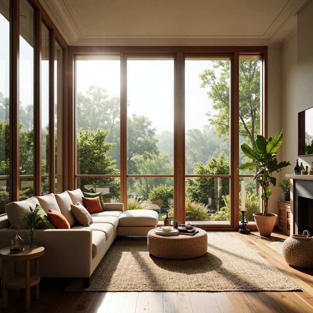 Prompt: Vibrant living room, floor-to-ceiling windows, minimal obstructions, bright airy atmosphere, soft warm lighting, indirect sunlight, reflective surfaces, pale color palette, natural textiles, woven fibers, organic shapes, botanical patterns, lush greenery, potted plants, wooden accents, earthy tones, calm ambiance, shallow depth of field, 1/1 composition, panoramic view, realistic textures, ambient occlusion.