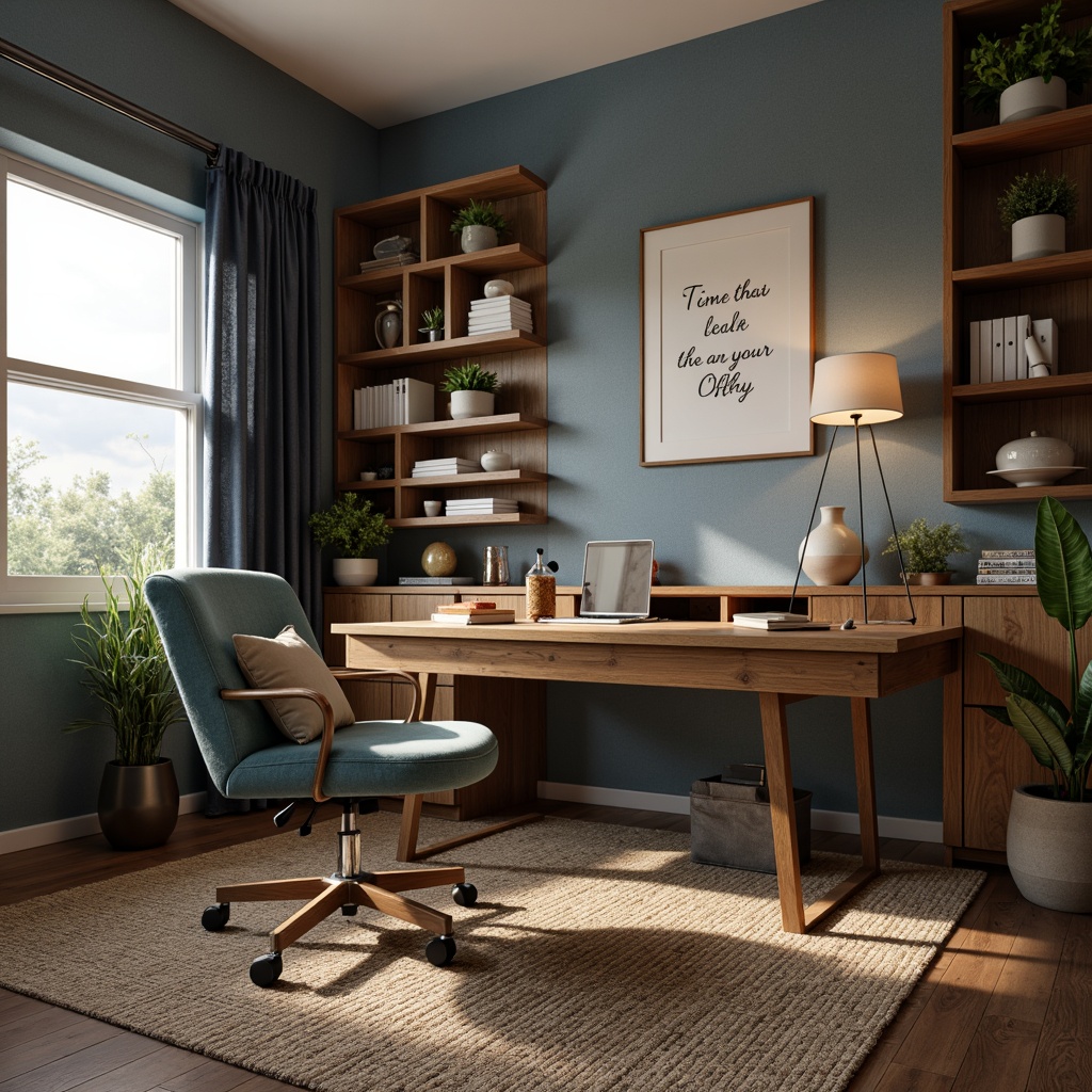 Prompt: Cozy home office, warm wooden desk, comfortable ergonomic chair, natural fiber rug, earthy tone walls, calming blue accents, soothing greenery, plenty of task lighting, organized storage shelves, inspiring artwork, motivational quotes, peaceful ambiance, subtle texture contrasts, soft warm glow, shallow depth of field, 1/2 composition, realistic rendering.