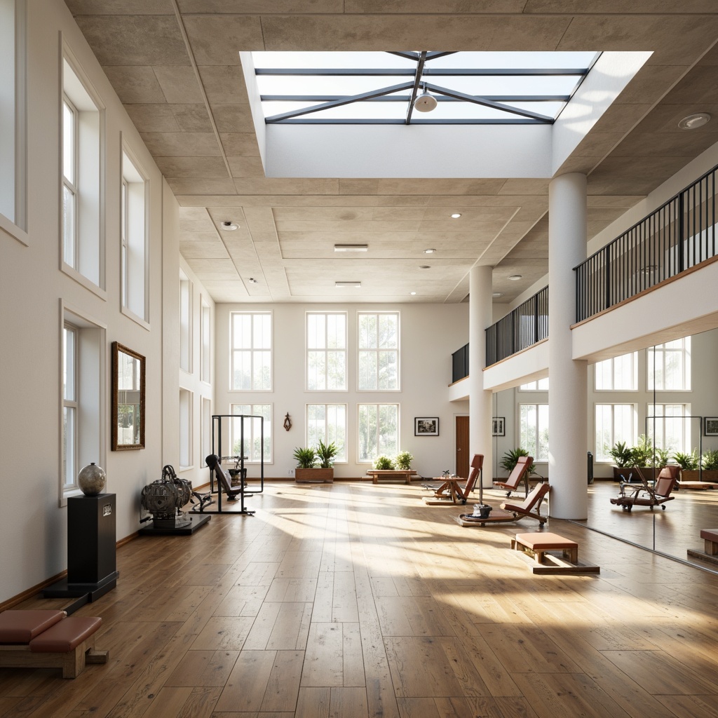 Prompt: Large gymnasium interior, minimalist design, natural light pouring in, clerestory windows, white walls, polished wooden floors, simple athletic equipment, free weights, exercise machines, mirrored walls, high ceilings, industrial chic lighting, soft shadows, subtle textures, realistic reflections, 1/2 composition, slightly overexposed, warm color tone.