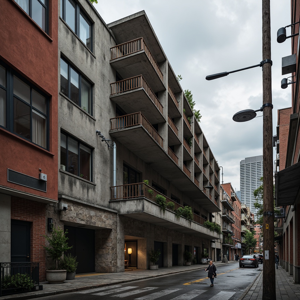 Prompt: Gritty brutalist architecture, raw concrete textures, exposed ductwork, industrial pipes, weathered steel beams, bold geometric forms, muted earth tones, dark charcoal grays, rich terracotta reds, deep blues, worn wood accents, rough-hewn stone walls, urban cityscape, overcast skies, dramatic shadows, high-contrast lighting, cinematic atmosphere, 2.35