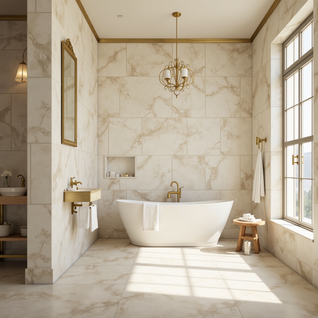 Prompt: Soft creamy whites, warm beige tones, elegant marble textures, ornate gold fixtures, refined chrome accents, serene blue-gray hues, calming warm lighting, subtle shadowing, 1/1 composition, shallow depth of field, soft focus, realistic reflections, ambient occlusion.