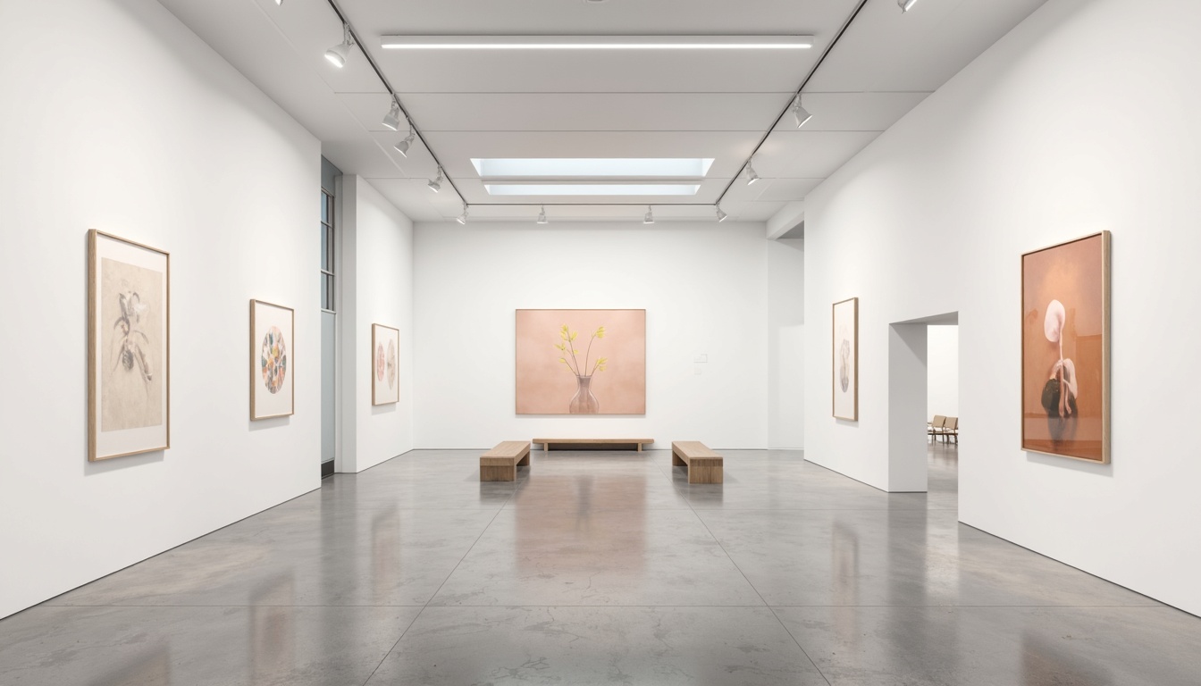 Prompt: Monochromatic gallery space, minimalist aesthetic, soft white walls, polished concrete floors, subtle natural light, clean lines, minimal ornamentation, limited color palette, muted pastel hues, soft peach tones, creamy whites, pale grays, matte finishes, sleek metal frames, simple wooden accents, sparse decorative elements, elegant typography, ample negative space, 1/1 composition, softbox lighting, realistic textures, ambient occlusion.