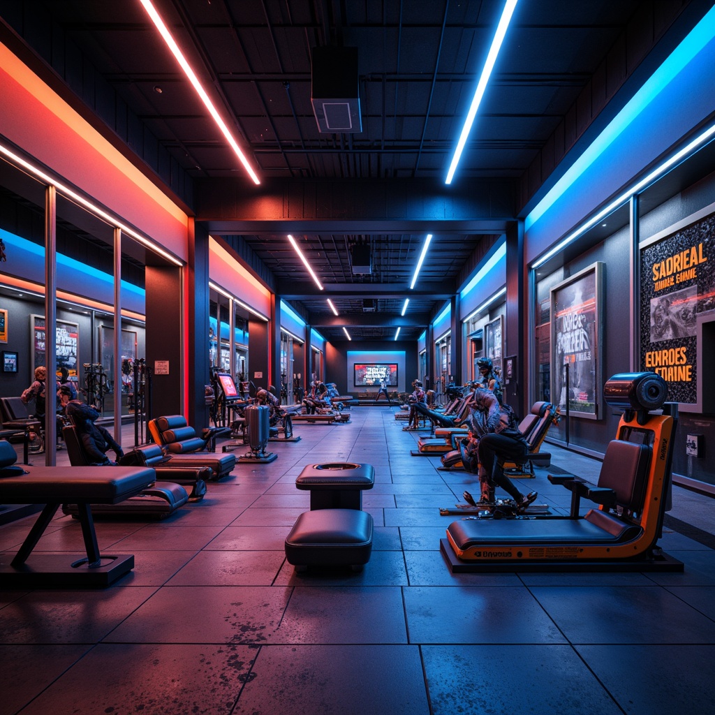 Prompt: Futuristic home gym, aerodynamic shapes, metallic surfaces, neon accents, dynamic lighting, high-tech equipment, minimalist interior design, sleek lines, angular forms, bold color schemes, futuristic materials, kinetic sculptures, abstract patterns, ergonomic furniture, motivational quotes, intense workout atmosphere, dramatic shadows, 1/2 composition, low-angle shot, cinematic lighting, realistic reflections.