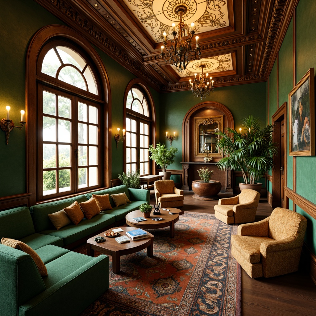 Prompt: Opulent Art Nouveau interior, lavish furnishings, sinuous lines, organic forms, flowing curves, jewel-toned colors, emerald green walls, amber wood accents, rich velvety fabrics, intricate metalwork, ornate plaster ceilings, warm golden lighting, soft focus, shallow depth of field, 1/1 composition, intimate atmosphere, luxurious textures, subtle sheen.