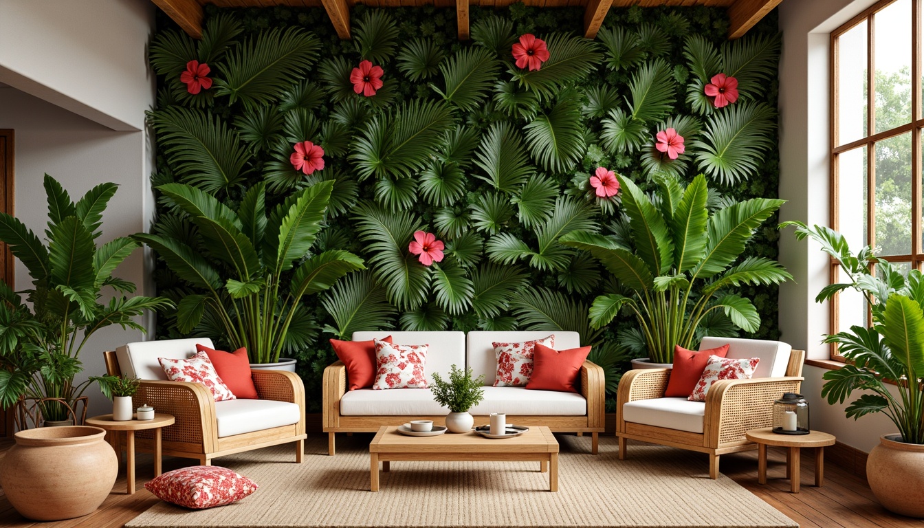 Prompt: Vibrant tropical living room, lush greenery walls, exotic palm trees, colorful hibiscus flowers, rattan furniture, natural woven textiles, earthy terracotta pots, wooden accents, warm beige flooring, large windows, soft diffused lighting, shallow depth of field, 1/1 composition, realistic plant textures, ambient occlusion, tropical leaf patterns, bright coral colors, eclectic global-inspired decor.