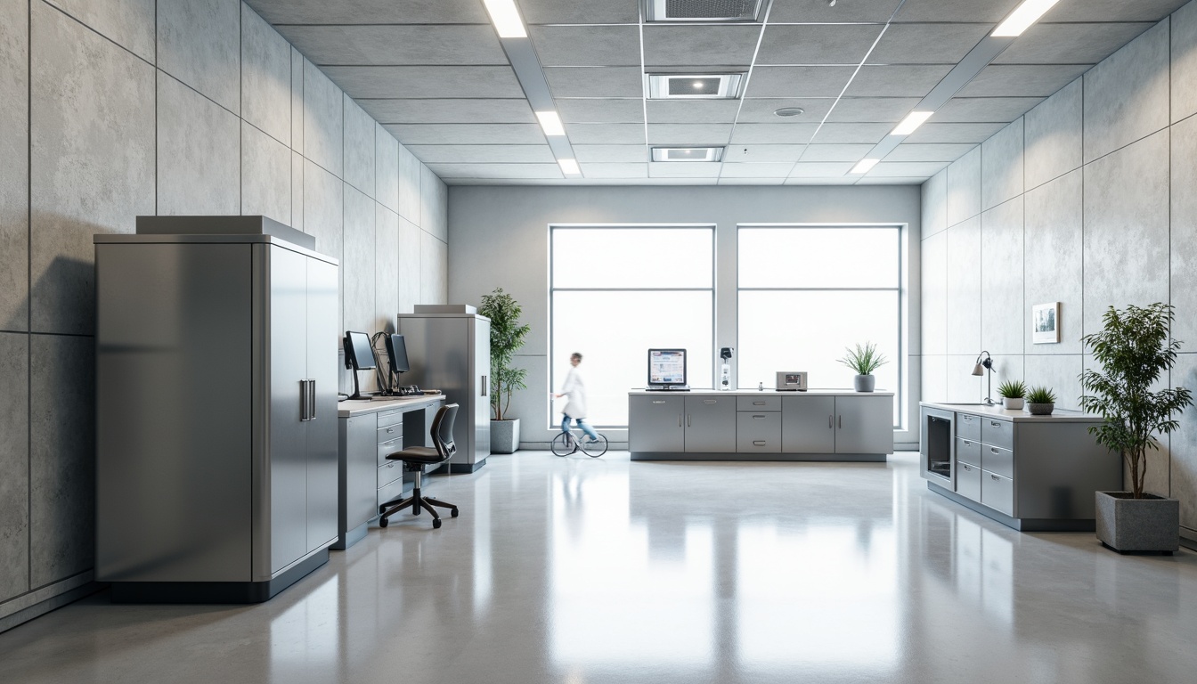 Prompt: Laboratory classicism interior, fiber-cement material, rough textured walls, industrial aesthetic, minimalist decor, sleek metal equipment, futuristic laboratory furniture, sterile atmosphere, bright white lighting, shallow depth of field, 1/1 composition, realistic reflections, ambient occlusion, subtle color palette, soft shadows.