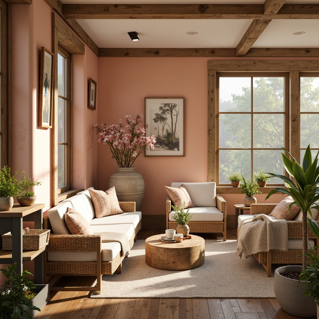 Prompt: Warm peach tones, soft blush hues, creamy whites, rich wood accents, natural textiles, vintage distressed finishes, rustic country charm, cozy farmhouse ambiance, lush greenery, blooming florals, sun-kissed afternoons, warm golden lighting, shallow depth of field, 1/1 composition, intimate close-ups, realistic renderings, ambient occlusion.