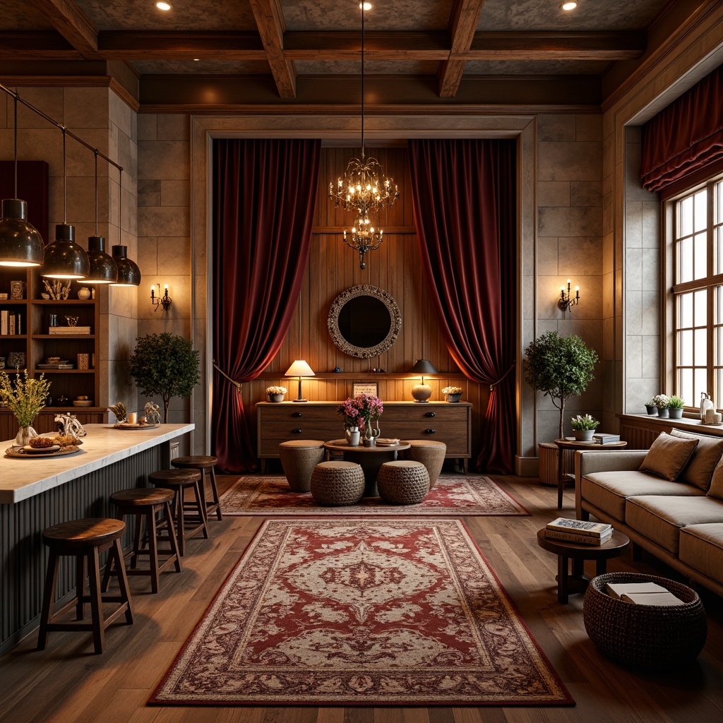 Prompt: Rich velvet fabrics, ornate wooden paneling, distressed stone walls, luxurious marble countertops, metallic accents, soft plush carpets, natural woven baskets, intricate patterned rugs, ambient candle lighting, warm golden tones, inviting cozy atmosphere, shallow depth of field, 1/1 composition, realistic textures, subtle noise effect.