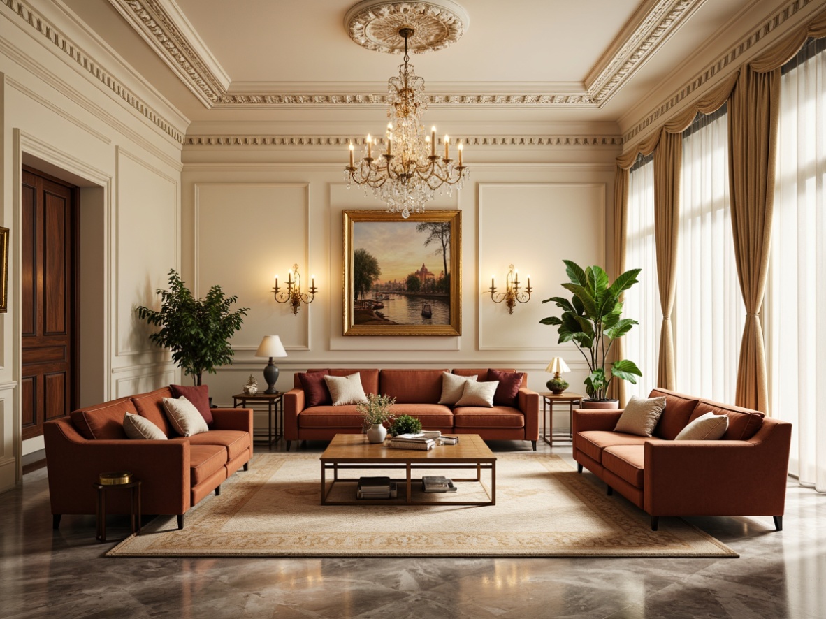 Prompt: Elegant family room, neoclassical architecture, ornate moldings, cream-colored walls, rich wood furniture, velvety sofas, golden accents, crystal chandeliers, marble flooring, subtle texture overlays, soft warm lighting, 1/1 composition, shallow depth of field, realistic reflections, ambient occlusion.