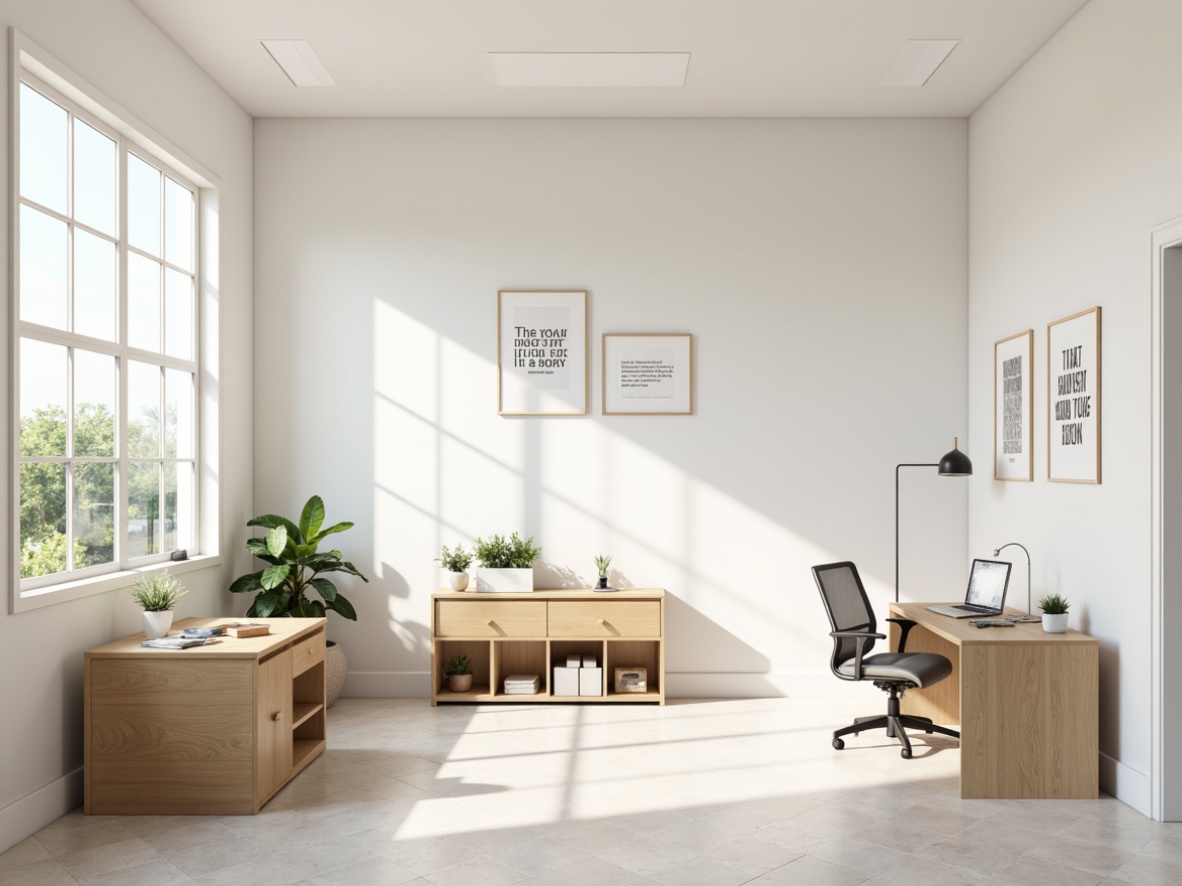 Prompt: Clean white walls, minimal decorations, simple wooden furniture, subtle pastel colors, soft beige tones, calm atmosphere, natural light, large windows, plain flooring, modern desks, ergonomic chairs, greenery accents, inspirational quotes, motivational posters, educational graphics, soft box lighting, shallow depth of field, 1/1 composition, realistic textures, ambient occlusion.