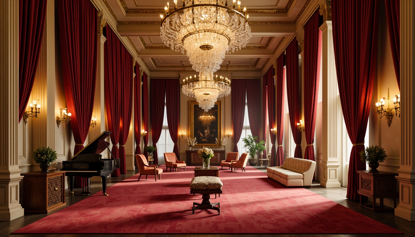 Prompt: Luxurious velvet drapes, ornate golden frames, crystal chandeliers, majestic red carpets, intricately carved wooden furniture, neoclassical columns, grand pianos, plush armchairs, tufted sofas, antique vases, richly upholstered benches, dramatic spotlights, soft warm glow, opulent fabrics, refined lines, symmetrical composition, 1/1 aspect ratio, shallow depth of field, warm beige tones, elegant cream accents.