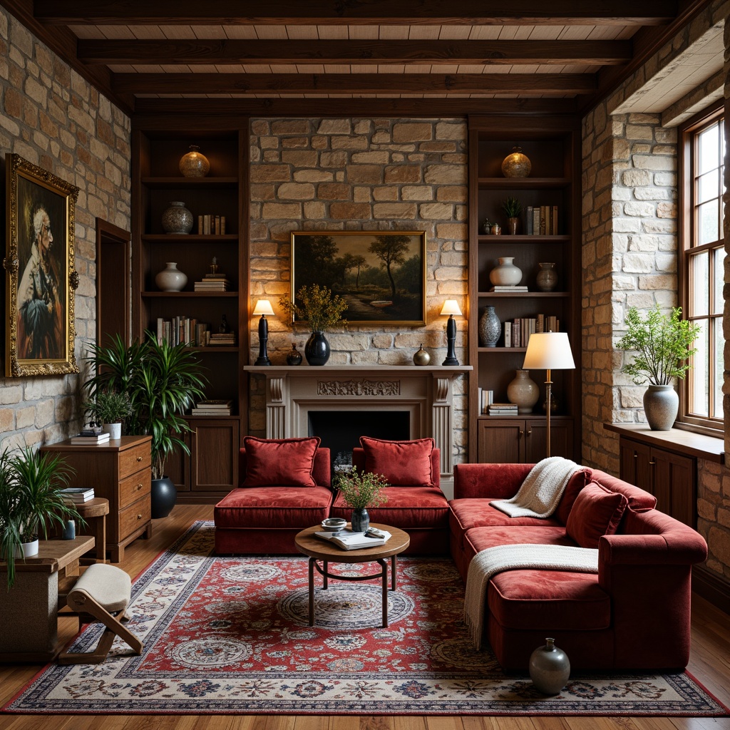 Prompt: Luxurious living room, rich velvet upholstery, intricately patterned rugs, wooden flooring, natural stone walls, rustic brick accents, vintage decorative items, ornate golden frames, soft warm lighting, shallow depth of field, 1/1 composition, realistic textures, ambient occlusion, cozy throw blankets, plush cushions, earthy color palette, elegant furnishings, sophisticated decor.