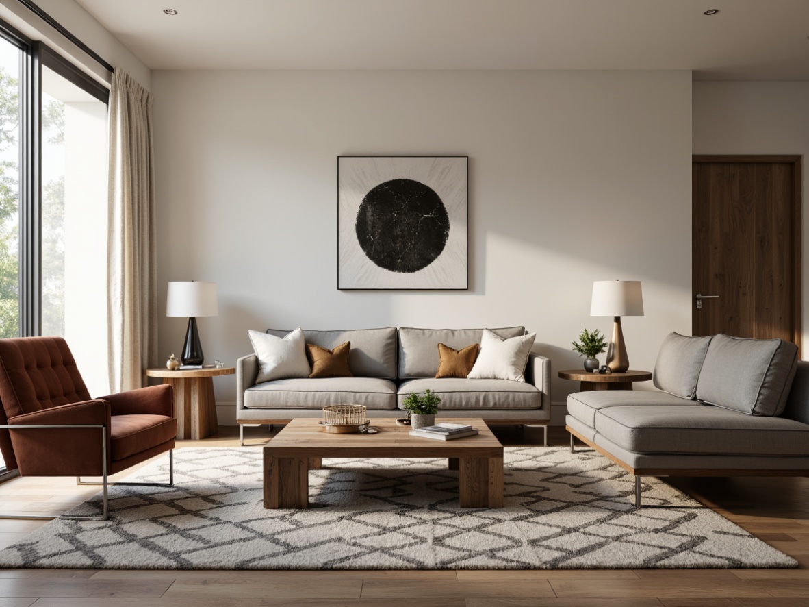 Prompt: Modern minimalist living room, sleek low-profile sofas, polished chrome legs, tufted velvet armchairs, reclaimed wood coffee tables, geometric patterned rugs, industrial metal floor lamps, minimalist wall art, natural fiber textiles, soft warm ambient lighting, shallow depth of field, 1/1 composition, realistic textures, ambient occlusion.