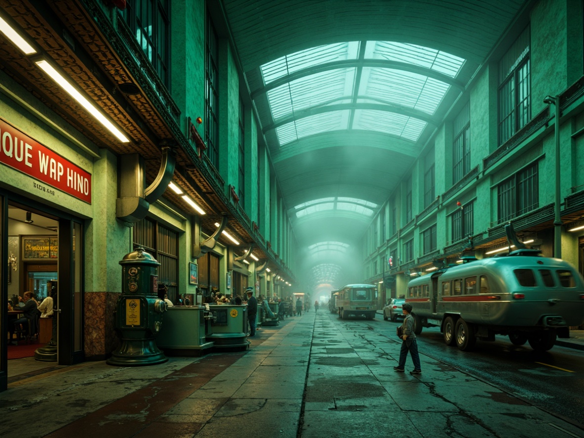 Prompt: Vibrant mint-green train station, art deco architecture, metallic accents, retro-futuristic vibes, steam-punk machinery, distressed textures, industrial lighting, atmospheric fog, moody shadows, cinematic composition, 1-point perspective, dramatic contrast, warm cool-toned colors, ornate ironwork, intricate mosaics, urban cityscape, morning mist, soft diffused light, shallow depth of field.