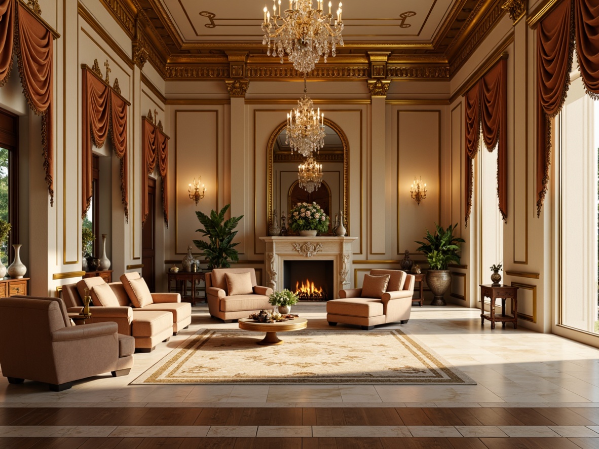 Prompt: Elegant mansion, ornate furnishings, rich wood tones, velvety drapes, antique vases, crystal chandeliers, creamy marble floors, soft golden lighting, warm beige walls, intricate moldings, subtle texture overlays, luxurious fabrics, opulent patterns, refined accents, symmetrical compositions, harmonious color balance, 1/1 aspect ratio, shallow depth of field, realistic renderings.