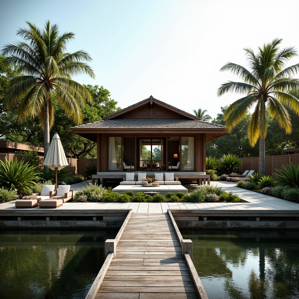 Prompt: Waterfront location, rustic wooden dock, traditional Asian-inspired boathouse, sloping tiled roof, natural materials, large windows, sliding glass doors, open floor plan, minimal interior walls, reflective water views, lush greenery surroundings, tropical plants, warm sunny day, soft diffused lighting, shallow depth of field, 3/4 composition, panoramic view, realistic textures, ambient occlusion.