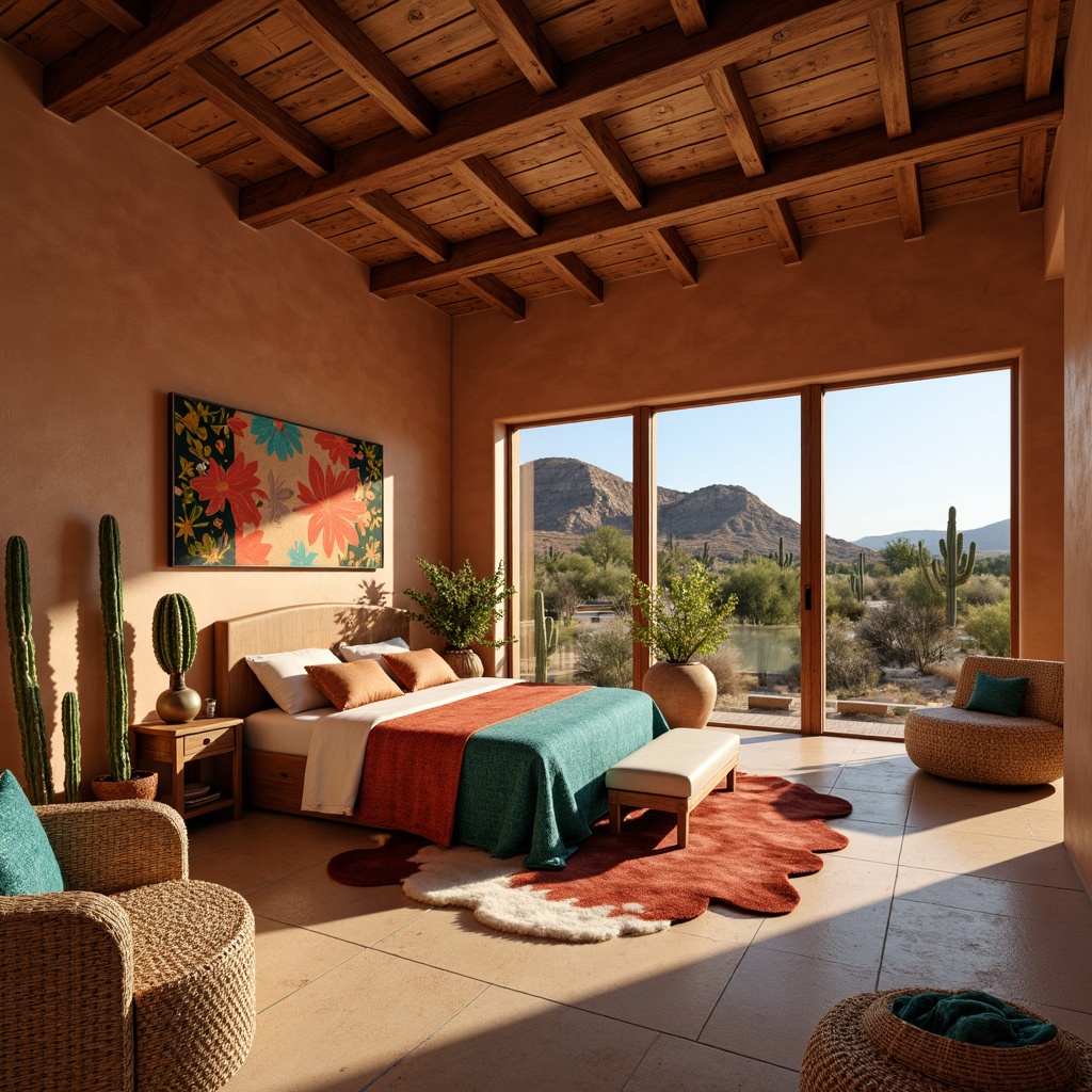 Prompt: Southwestern bedroom, warm earthy tones, rich terracotta walls, soft sandy beige floors, vibrant turquoise accents, bold red and orange hues, natural woven textiles, rustic wooden furniture, plush sheepskin rugs, abundant cacti plants, arid desert landscape views, clear blue skies, warm golden lighting, shallow depth of field, 3/4 composition, realistic textures, ambient occlusion.