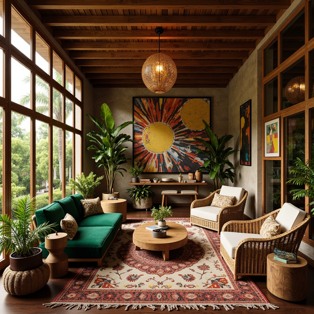 Prompt: Vibrant tropical interior, exotic wood tones, woven rattan furniture, plush green velvet upholstery, natural fiber rugs, distressed wooden accents, bold colorful patterns, lush greenery, potted palm trees, statement lighting fixtures, unique sculptures, eclectic decorative accessories, warm golden lighting, shallow depth of field, 1/1 composition, realistic textures, ambient occlusion.