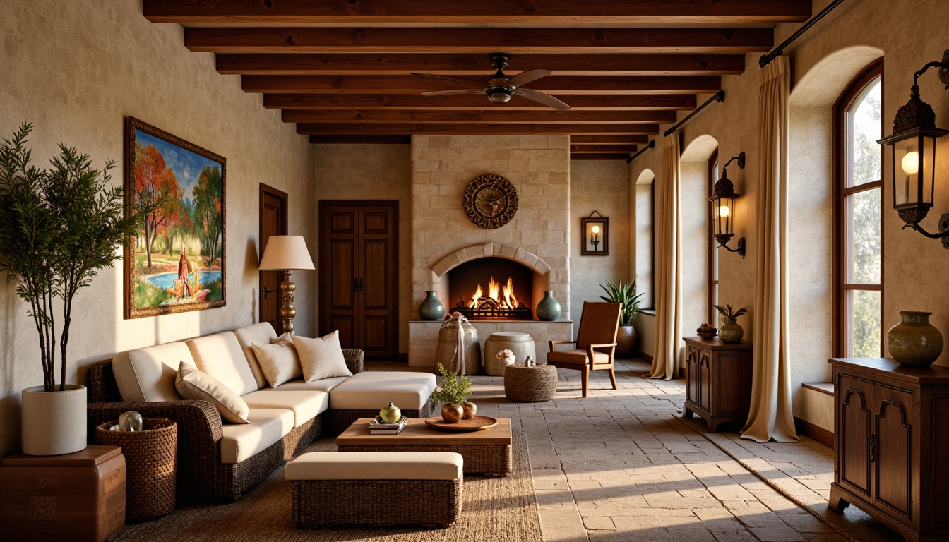 Prompt: Warm Mediterranean basement, earthy tones, rustic stone walls, wooden accents, wrought iron decor, cozy seating area, plush sectional sofa, distressed leather armchairs, wooden coffee table, colorful ceramic vases, woven baskets, natural fiber rugs, warm floor lamps, ambient soft lighting, intimate corner spaces, ornate metal lanterns, decorative tapestries, warm beige curtains, traditional Mediterranean patterns, soft pastel colors.