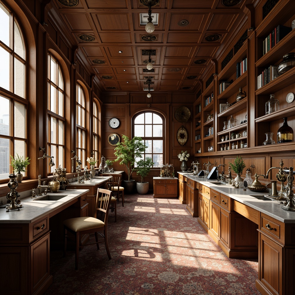 Prompt: Elegant laboratory interior, classic wooden furnishings, ornate metal fixtures, vintage scientific instruments, marble countertops, richly textured carpets, warm golden lighting, soft shadows, symmetrical composition, 1/1 aspect ratio, shallow depth of field, realistic renderings, ambient occlusion, subtle color palette, sophisticated elegance, refined details, harmonious proportions.