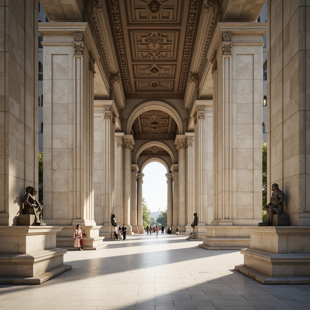 Prompt: Grand memorial center, neoclassical architecture style, imposing stone columns, ornate capitals, grand archways, solemn atmosphere, dignified monument, intricate carvings, white marble floors, high ceilings, natural light pouring in, subtle warm lighting, shallow depth of field, 1/2 composition, symmetrical framing, realistic textures, ambient occlusion.