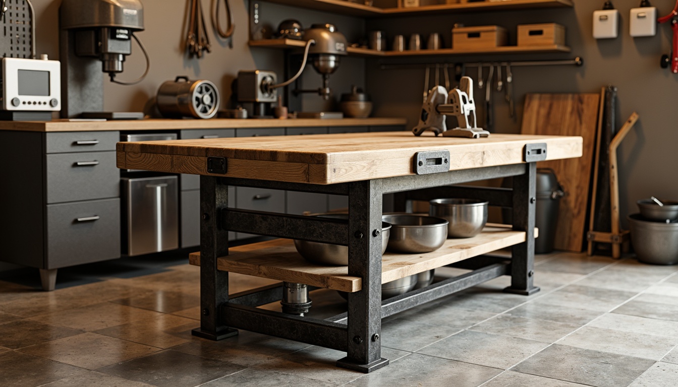 Prompt: Industrial-style workbench, wooden top, metal legs, vice grip system, tool storage compartments, power outlets, LED lighting, ergonomic design, adjustable height, sturdy construction, rustic wood tones, steel accents, garage background, natural stone flooring, concrete walls, metallic equipment, welding machines, drill presses, woodworking tools, organized workspace, ample storage, overhead cabinets, pegboards, hanging bins, task lighting, warm color scheme, shallow depth of field, 1/1 composition, realistic textures.