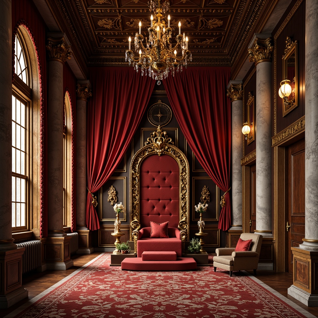 Prompt: Opulent throne room, lavish furnishings, rich velvet drapes, intricately carved wooden panels, gilded frames, ornate mirrors, crystal chandeliers, majestic stone columns, regal red and gold color scheme, luxurious textiles, sumptuous fabrics, golden accents, soft warm lighting, dramatic shadows, high contrast ratio, 2/3 composition, ornate patterns, realistic reflections, ambient occlusion.