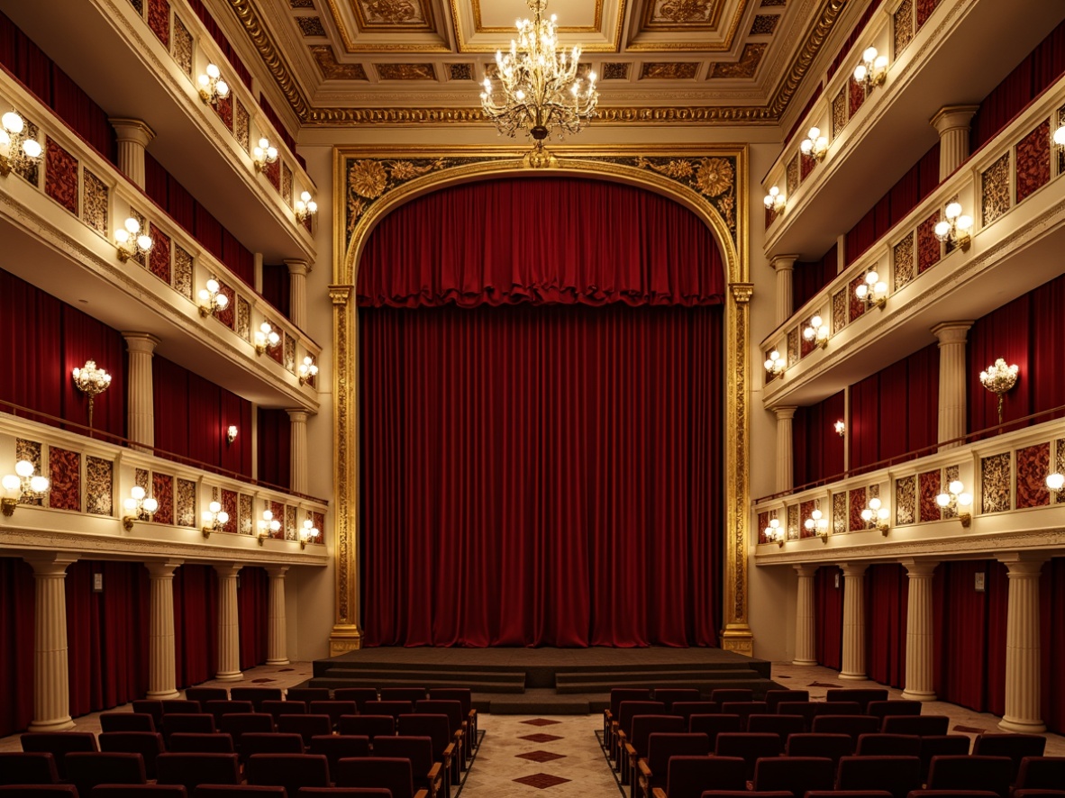 Prompt: \Grand theater interior, neoclassical style, ornate wall paneling, gilded moldings, rich velvet drapes, crimson red accents, golden lighting sconces, decorative pilasters, intricate carvings, marble flooring, sweeping archways, dramatic ceiling heights, crystal chandeliers, luxurious fabrics, opulent textures, warm ambient glow, soft focus lens, shallow depth of field, 2/3 composition, symmetrical balance.\