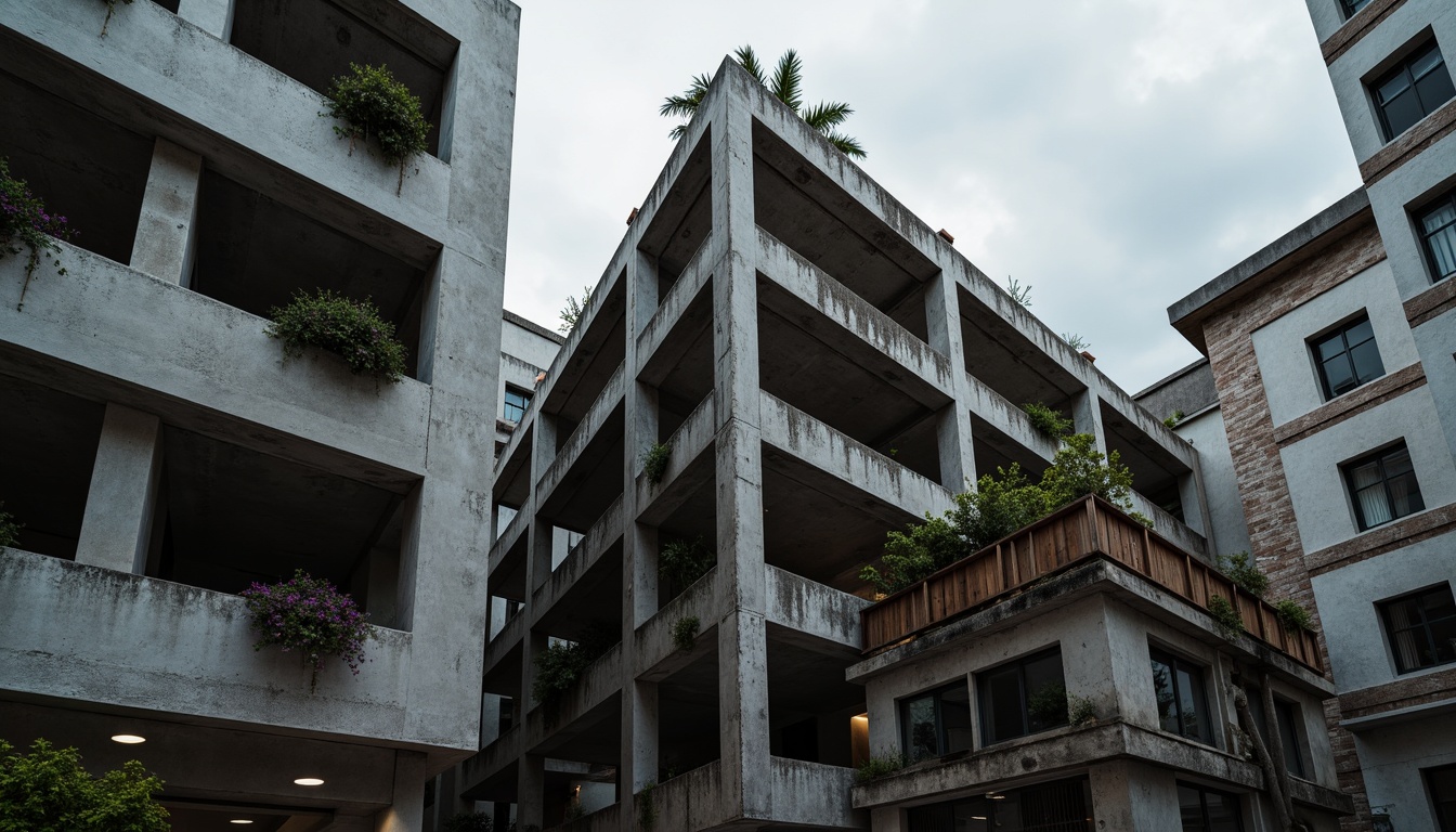 Prompt: Exposed concrete structures, rugged brutalist architecture, bold monochromatic colors, dark muted tones, industrial textures, raw metal accents, distressed wood elements, urban cityscape, cloudy overcast sky, dramatic high-contrast lighting, shallow depth of field, 2/3 composition, gritty realistic render, ambient occlusion, atmospheric fog effects.