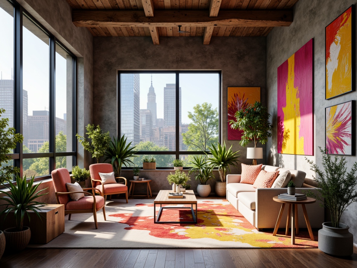 Prompt: Vibrant modern art studio, eclectic color scheme, bold brushstrokes, textured canvases, abstract paintings, contemporary furniture, sleek metal frames, natural wood accents, floor-to-ceiling windows, urban cityscape views, warm afternoon sunlight, soft ambient lighting, shallow depth of field, 2/3 composition, realistic renderings, subtle gradient effects.