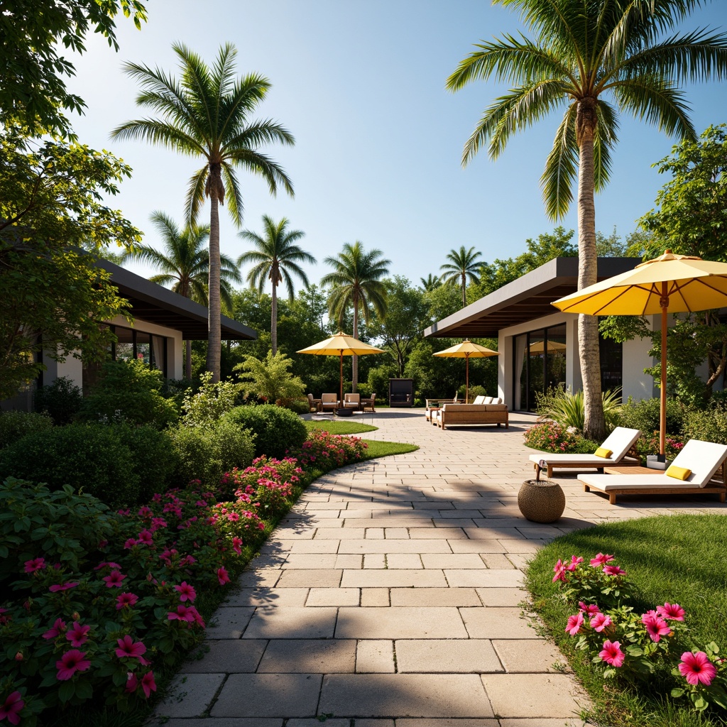 Prompt: Lush tropical gardens, exotic palm trees, vibrant hibiscus flowers, natural stone pathways, wooden decking, outdoor furniture, rattan chairs, colorful umbrellas, open-air pavilions, modern tropical architecture, large overhangs, sliding glass doors, warm sunny days, soft diffused lighting, shallow depth of field, 3/4 composition, panoramic view, realistic textures, ambient occlusion.