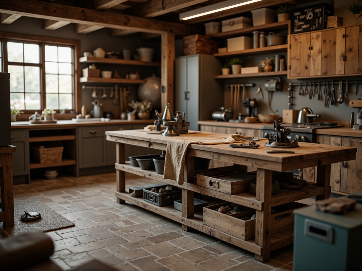 Prompt: Rustic wooden workbench, distressed metal vice, worn leather apron, scattered hand tools, rusty metal cabinets, vintage woodworking machinery, reclaimed wood planks, earthy color palette, warm overhead lighting, shallow depth of field, 1/1 composition, realistic textures, ambient occlusion, cozy garage atmosphere, natural stone flooring, wooden crates, industrial-style shelving units.