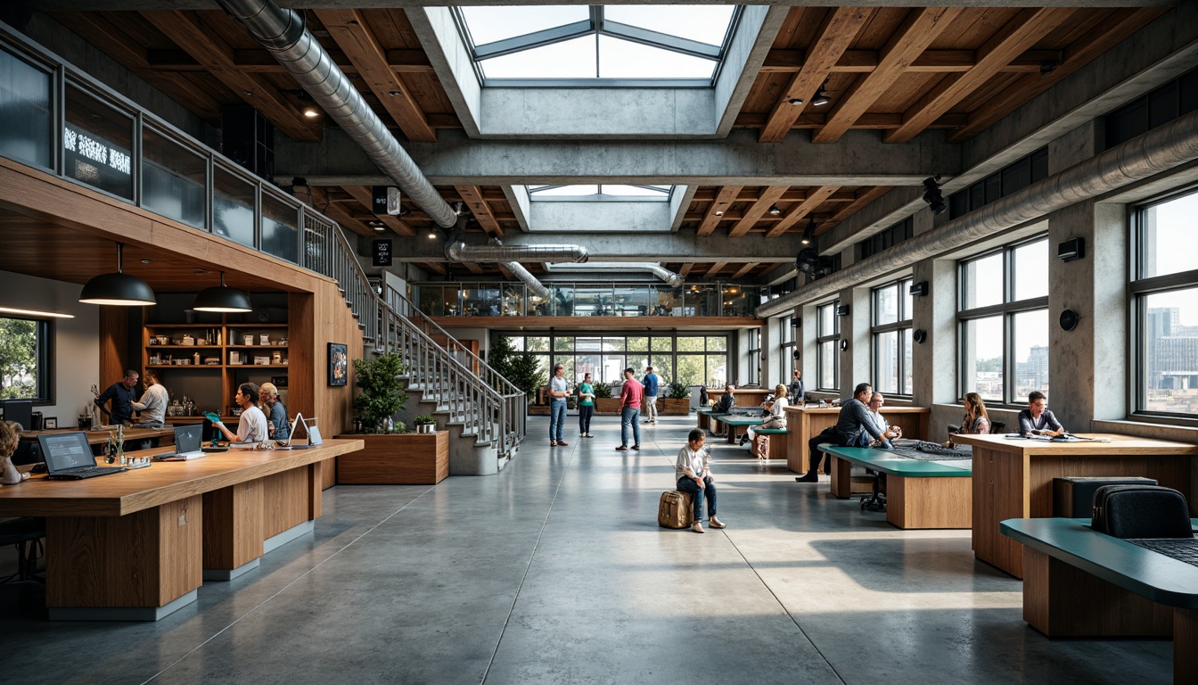 Prompt: Rustic science center, exposed steel beams, industrial pipes, concrete floors, metallic staircases, glass railings, minimalist decor, reclaimed wood accents, natural light pouring, overhead skylights, futuristic lab equipment, interactive exhibits, dynamic LED lighting, 1/2 composition, shallow depth of field, softbox lighting, high-contrast textures.