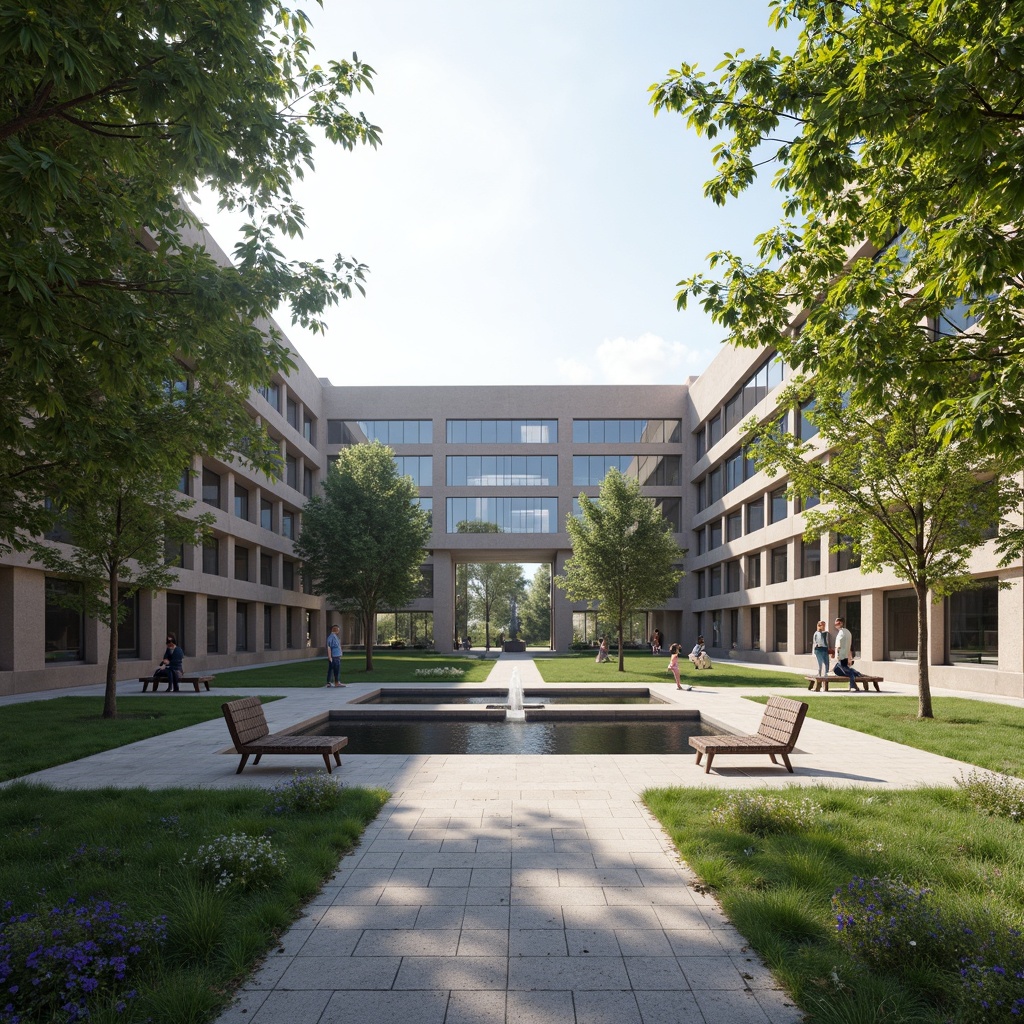 Prompt: Solemn memorial center, tranquil atmosphere, open courtyards, lush greenery, walking paths, benches, water features, contemplative sculptures, natural stone walls, minimalist architecture, large glass facades, soft diffused lighting, shallow depth of field, 3/4 composition, panoramic view, realistic textures, ambient occlusion.