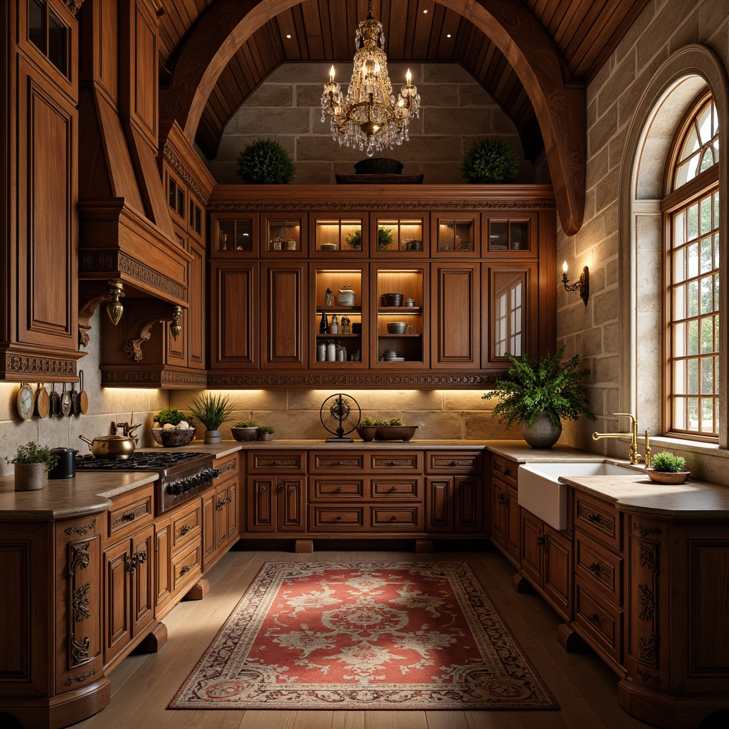 Prompt: Warm pantry, Renaissance-style cabinetry, ornate wooden carvings, golden hardware, soft warm lighting, pendant lamps, crystal chandeliers, rustic stone walls, arched windows, natural wood flooring, richly toned countertops, ambient occlusion, subtle shading, 1/1 composition, realistic textures, detailed normal maps.