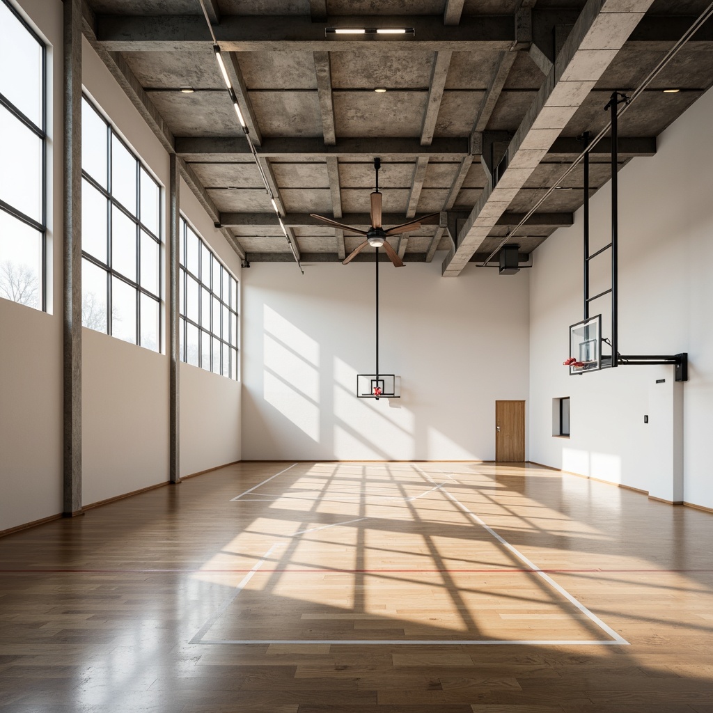 Prompt: Minimalist gymnasium interior, natural light pouring through floor-to-ceiling windows, polished wooden floors, clean lines, simple shapes, industrial metal beams, white walls, sparse athletic equipment, suspended LED lights, subtle shadows, soft ambient lighting, 1/1 composition, shallow depth of field, realistic textures, ambient occlusion.