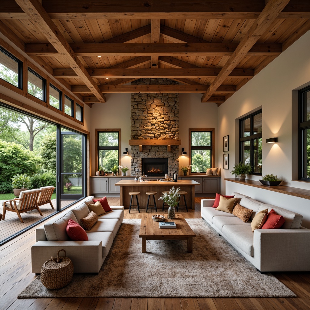 Prompt: Cozy living room, exposed wooden beams, natural stone fireplace, plush sectional sofa, rustic wood coffee table, earthy color palette, soft warm lighting, large windows, sliding glass doors, backyard views, lush greenery, modern kitchen island, butcher block countertops, stainless steel appliances, pendant light fixtures, open shelving, built-in cabinetry, wooden floorboards, comfortable reading nook, built-in window seats, natural textiles, vibrant throw pillows, eclectic decorative accents, 3/4 composition, shallow depth of field, realistic textures, ambient occlusion.