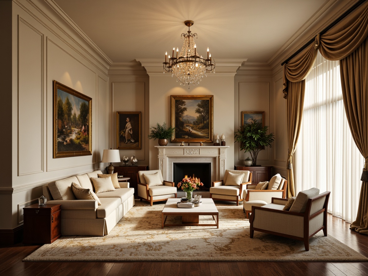 Prompt: Elegant family room, rich wood paneling, ornate moldings, soft cream walls, warm beige furniture, lavish velvet fabrics, intricate patterns, subtle golden accents, classic oil paintings, refined crystal chandeliers, stately marble fireplaces, majestic high ceilings, dramatic curtain draping, luxurious thick carpets, warm afternoon sunlight, softbox lighting, 1/1 composition, realistic textures, ambient occlusion.