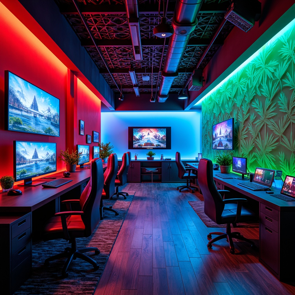 Prompt: Vibrant game room, bold color scheme, neon accents, bright LED lights, electric blue hues, fiery red tones, lime green walls, graphic patterns, geometric shapes, futuristic ambiance, high-tech gadgets, sleek gaming desks, ergonomic chairs, immersive experience, surround sound systems, dramatic lighting effects, cinematic atmosphere, dark wood flooring, metallic trim, industrial chic decor, retro arcade machines, nostalgic vibes, dynamic shadows, warm glow, cozy nooks.