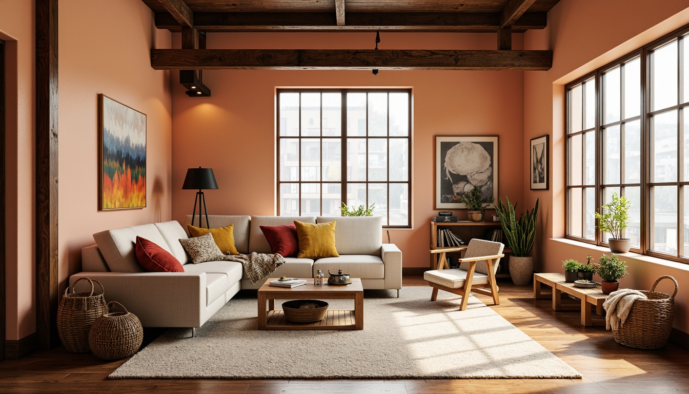 Prompt: Cozy loft apartment, peach accent walls, warm beige floors, plush area rugs, industrial chic decor, reclaimed wood accents, metal beam ceilings, large windows, natural light, soft warm glow, relaxed atmosphere, comfortable seating, minimalist coffee table, vibrant throw pillows, eclectic art pieces, modern abstract paintings, textured blankets, woven baskets, potted greenery, intimate reading nook, warm white lighting, shallow depth of field, 1/1 composition, realistic textures, ambient occlusion.