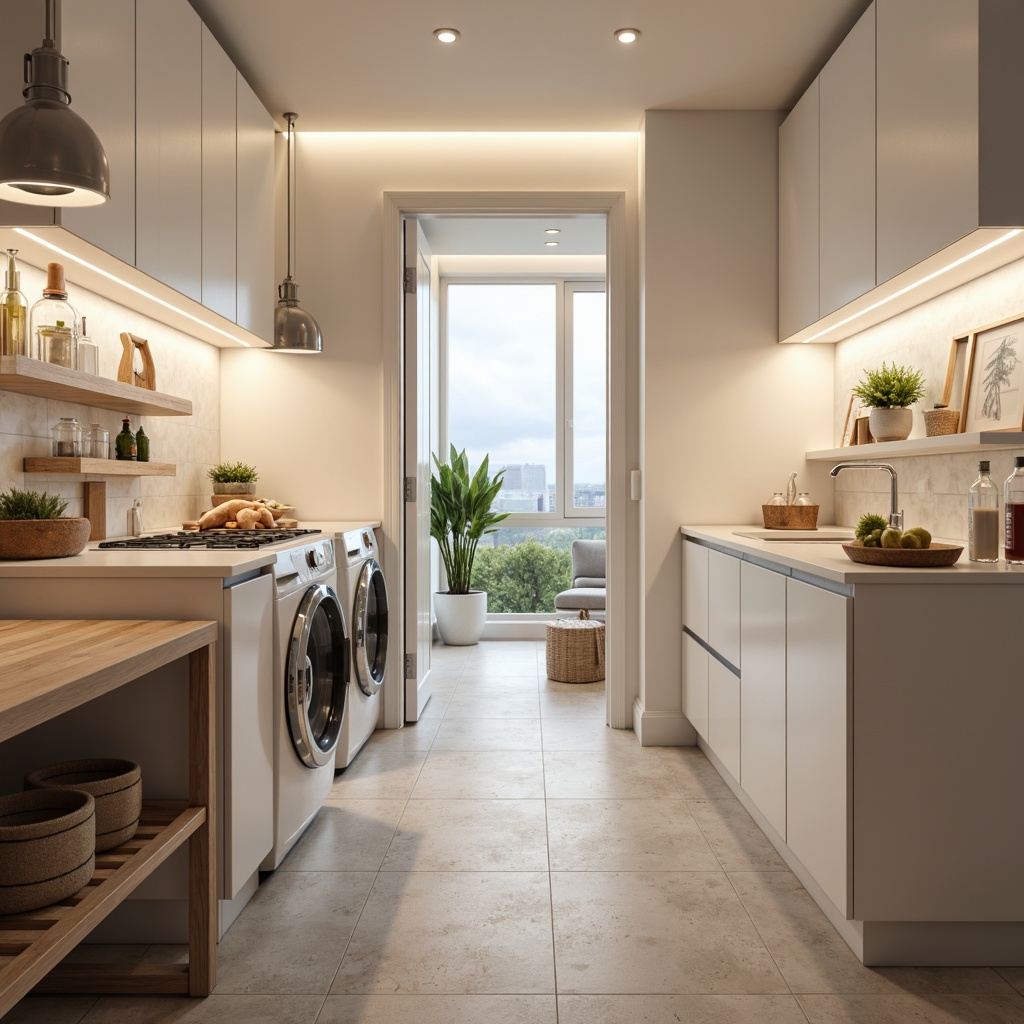 Prompt: Bright laundry room, soft warm lighting, LED strip lights, under-cabinet illumination, pendant lamps, chrome finishes, modern minimalist design, sleek appliances, white glossy cabinets, stainless steel countertops, natural stone flooring, calming color scheme, task-oriented lighting, ambient lighting, layered lighting effect, 1/1 composition, shallow depth of field, realistic textures.