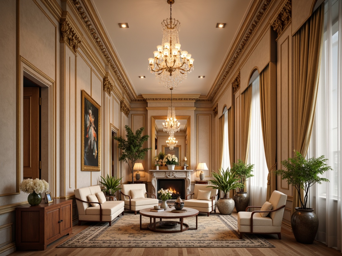 Prompt: Elegant classic interior, rich wood paneling, ornate moldings, cream-colored walls, luxurious fabrics, velvet drapes, crystal chandeliers, marble fireplaces, gilded frames, antique furnishings, intricate patterns, subtle textures, soft warm lighting, shallow depth of field, 3/4 composition, realistic renderings, ambient occlusion.