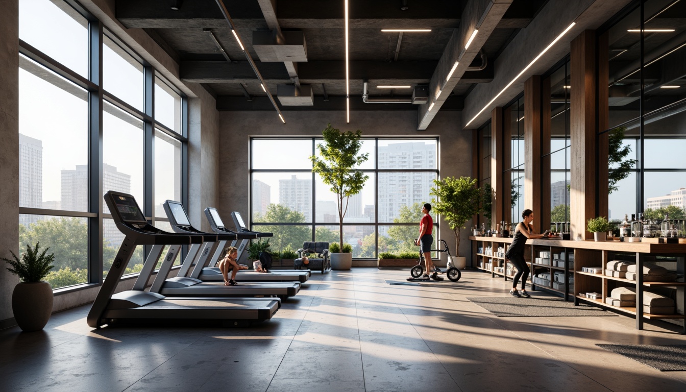 Prompt: Modern fitness studio, sleek lines, metallic accents, polished concrete floors, floor-to-ceiling windows, natural light, urban views, industrial-chic decor, high-tech cardio machines, low-impact treadmills, strength training equipment, free weights, yoga mats, mirrored walls, sound-absorbing panels, ambient LED lighting, shallow depth of field, 1/2 composition, realistic textures, soft focus blur.