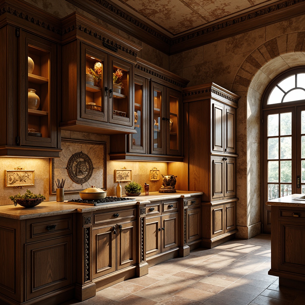 Prompt: Rustic pantry, ornate Renaissance-style cabinetry, rich wood tones, intricate carvings, antique bronze hardware, distressed finishes, warm golden lighting, soft shadows, 1/2 composition, natural stone countertops, elegant crown molding, decorative trim work, vintage-inspired accessories, classic ceramic tiles, earthy color palette, ambient occlusion.