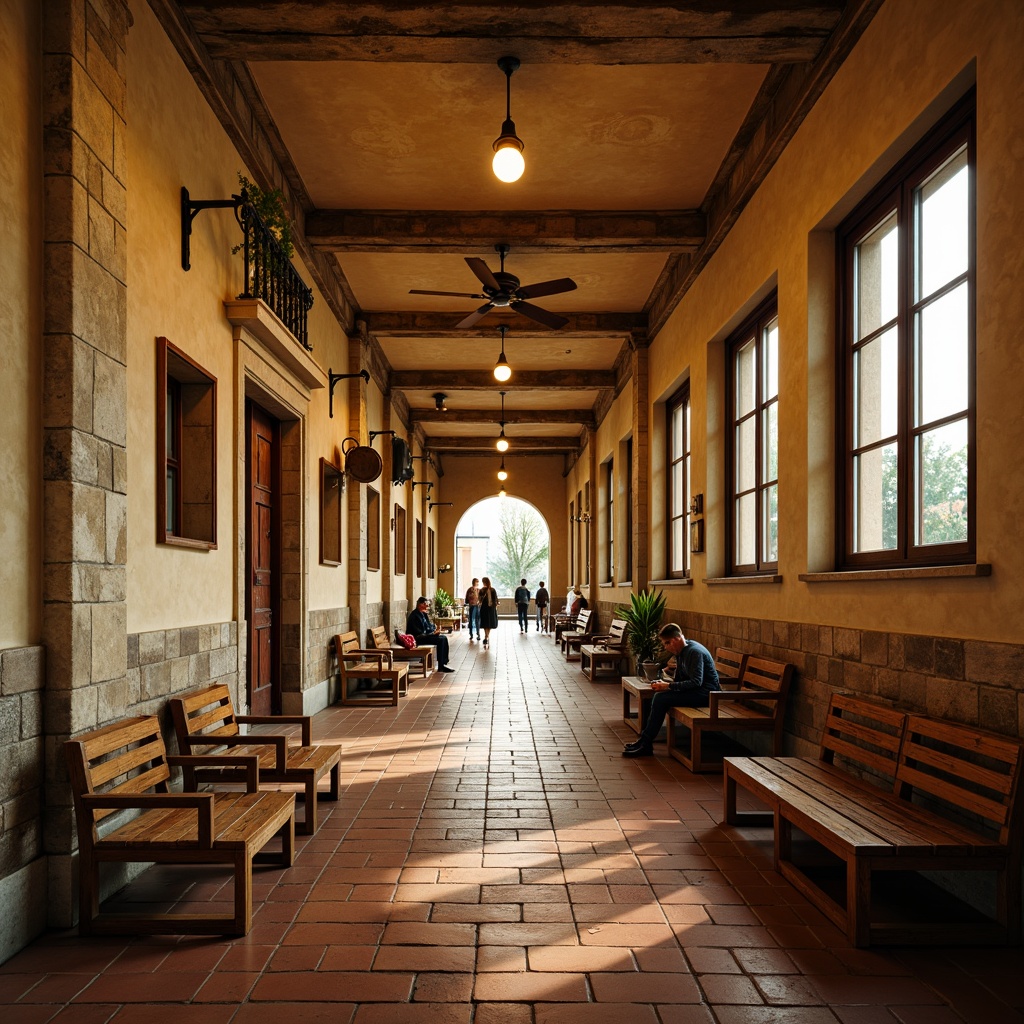 Prompt: Rustic metro station, distressed stone walls, vintage iron beams, earthy terracotta tiles, soft cream-colored stucco, rich walnut wood accents, elegant bronze fixtures, ornate ceramic mosaics, warm golden lighting, soft focus, shallow depth of field, 1/2 composition, romantic atmosphere, subtle texture overlays, realistic reflections.