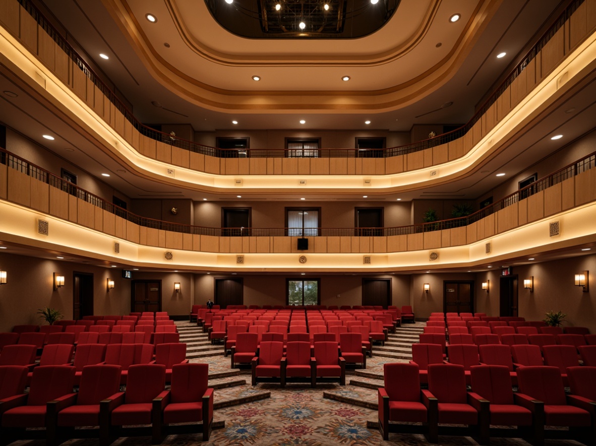 Prompt: Elegant auditorium interior, warm beige walls, rich wood accents, plush crimson seats, soft golden lighting, subtle gradient effects, calming blue undertones, sophisticated neutral tones, metallic silver trim, ornate decorative details, grand high ceilings, sweeping curved lines, dramatic spotlights, ambient warm glow, shallow depth of field, 1/1 composition, realistic textures, cinematic atmosphere.