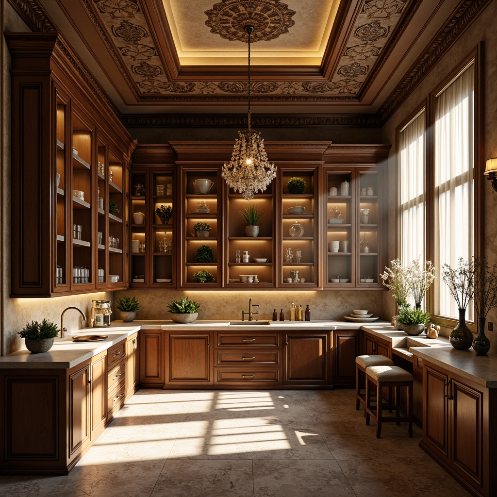 Prompt: Elegant pantry, ornate Renaissance details, warm golden lighting, soft ambient glow, crystal chandeliers, bronze sconces, rich wood tones, carved cabinetry, decorative molding, creamy marble countertops, rustic stone floors, natural light pouring in, large windows, sheer curtains, 1/1 composition, dramatic shadows, warm color palette, high contrast ratio, realistic textures, subtle reflections.