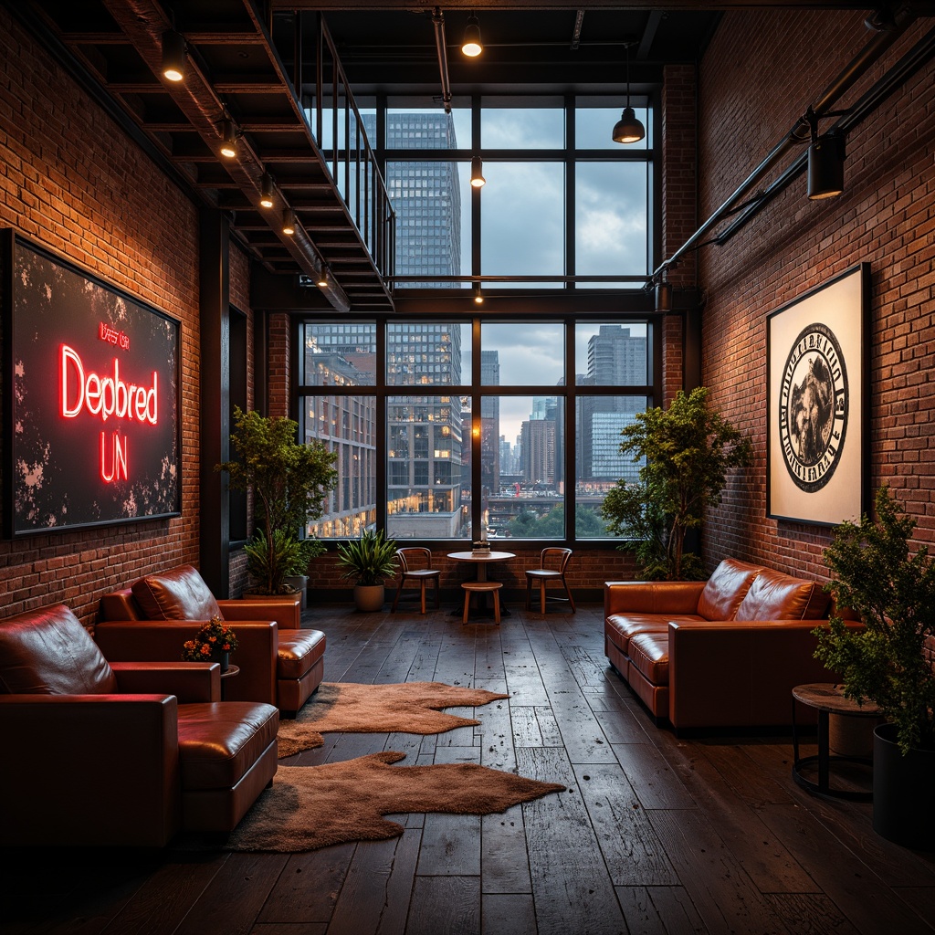 Prompt: Exposed brick walls, metal beams, reclaimed wood floors, industrial lighting fixtures, vintage machinery, distressed leather furniture, bold color accents, neon signs, abstract art pieces, urban cityscape views, overcast skies, dramatic shadows, high contrast ratio, cinematic composition, gritty textures, atmospheric rendering.